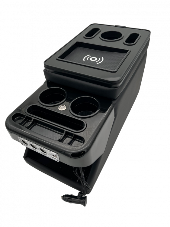 Black Edition Staufach Mittelkonsole Ablage für alle Mercedes Benz Vito / V-Klasse W447 14-23 mit LED Beleuchtung, USB und Induktions-Ladestation